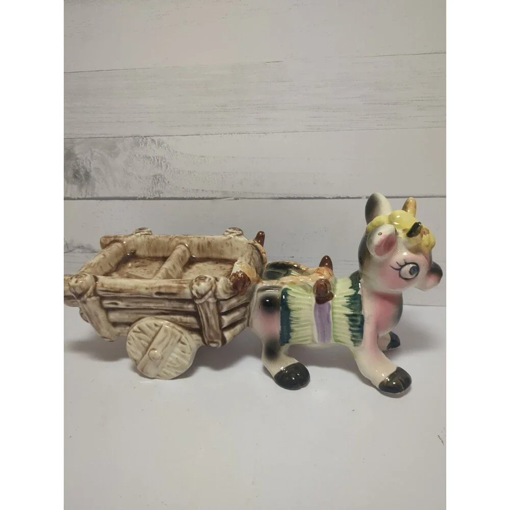 Retro Vintage 50s Kitsch Cow Pulling Cart Ceramic Candy Dish Trinket 10.5